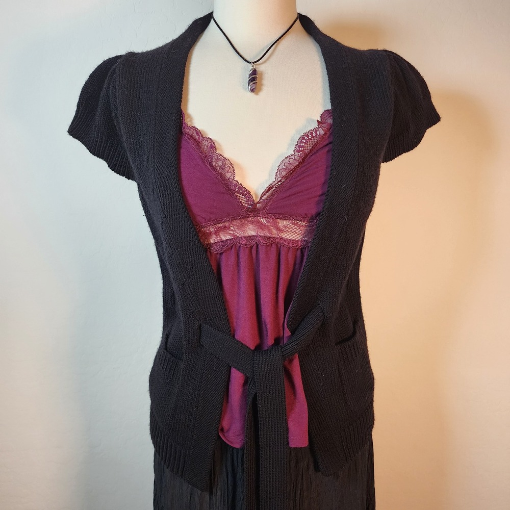French‎ Connection Black 100% Wool Short Sleeve Tie Cardigan Sweater M